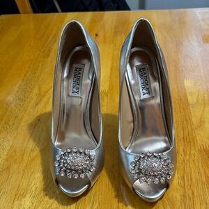 Badgley Mischka Gold Embellished Peep-Toe Heels